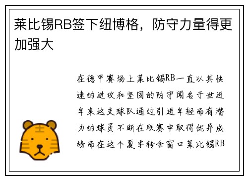 莱比锡RB签下纽博格，防守力量得更加强大